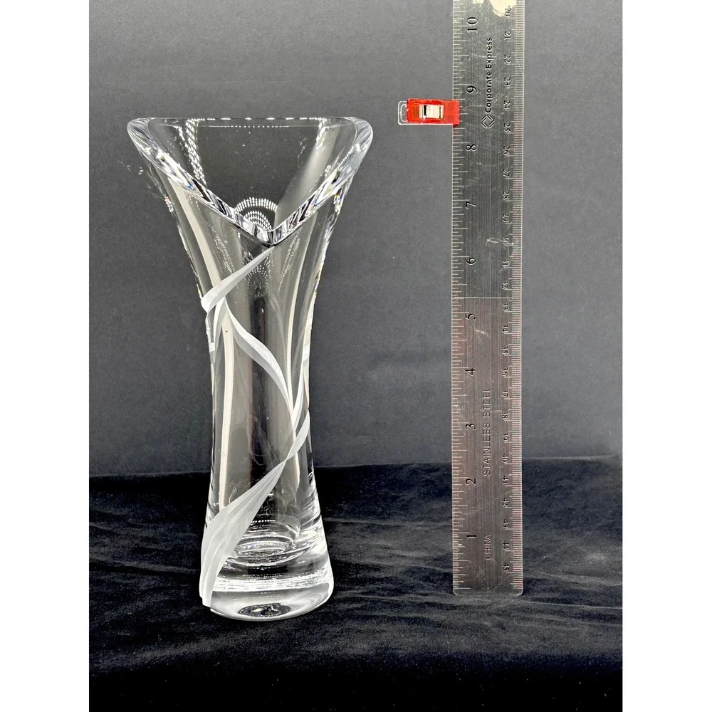 Clear Crystal Flared Vase Frosted Ribbon Etched Tri-Corner Rim 8.5 inch